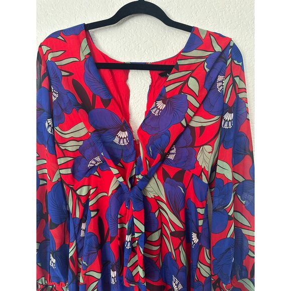 Aakaa Long Sleeve Red Blue Floral Bright Colorful Maxi Dress Size Medium - Picture 2 of 9